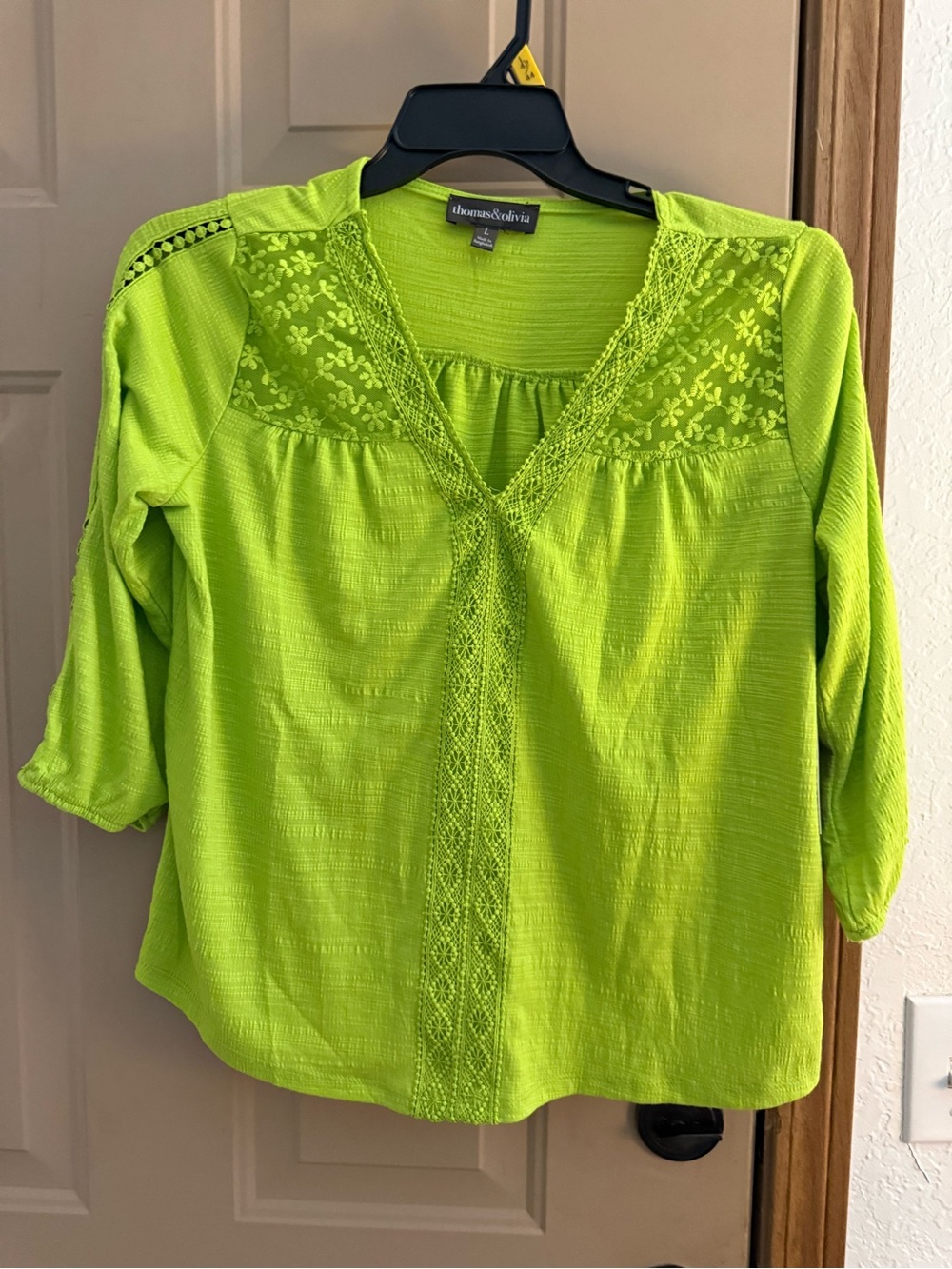 Thomas&Olivia Bright Lime Crochet-Trim V-Neck Blouse